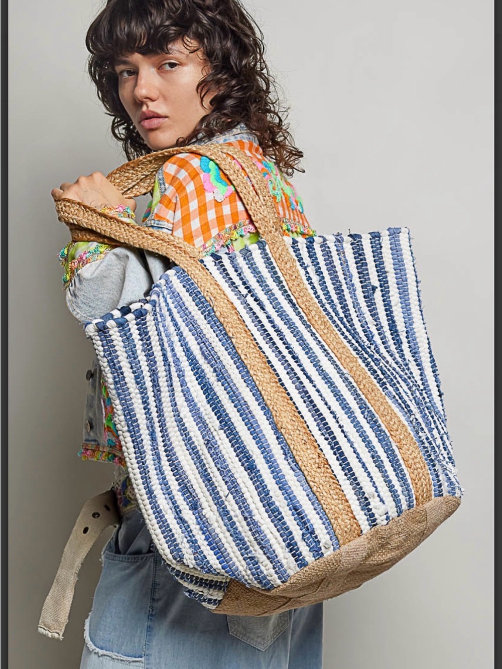 POL Blue & White Striped Woven Tote with Natural Trim